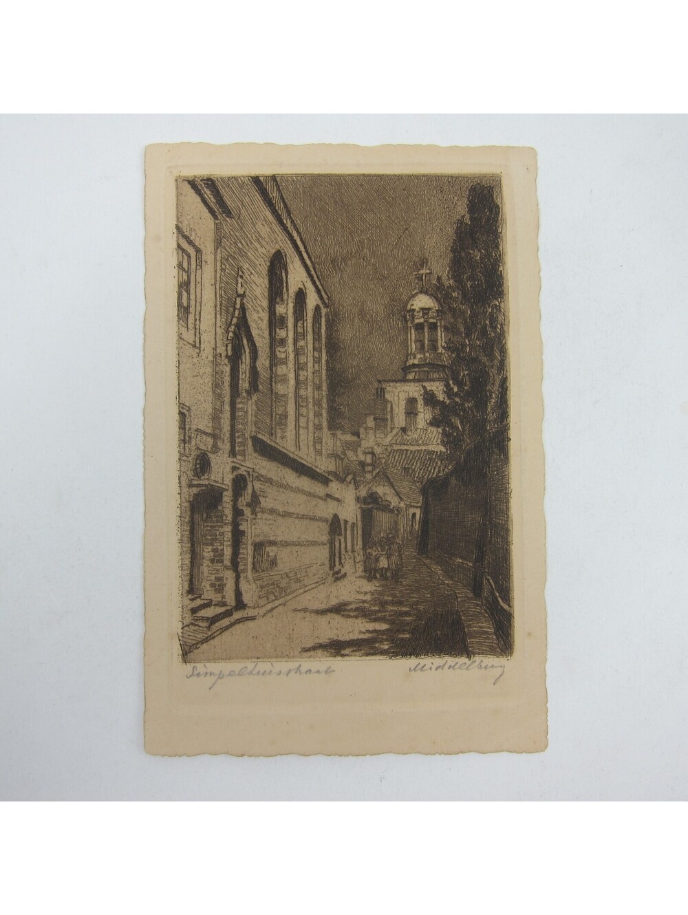Art Postcard Etching Print Netherlands Middelburg Street & Church Antique 1910s
